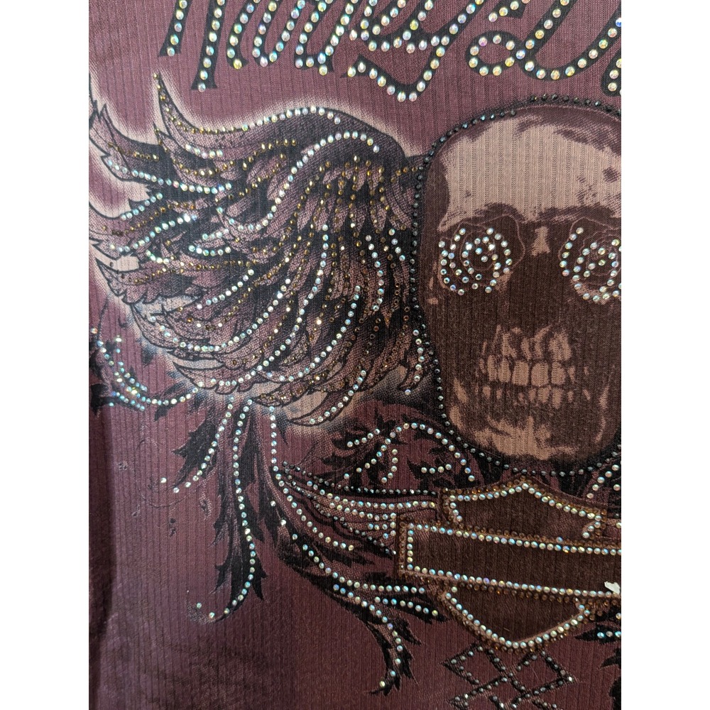 Harley-Davidson Womens Burgundy Rhinestone Winged Skull Lace Up Back L/S Shirt - Picture 4 of 15